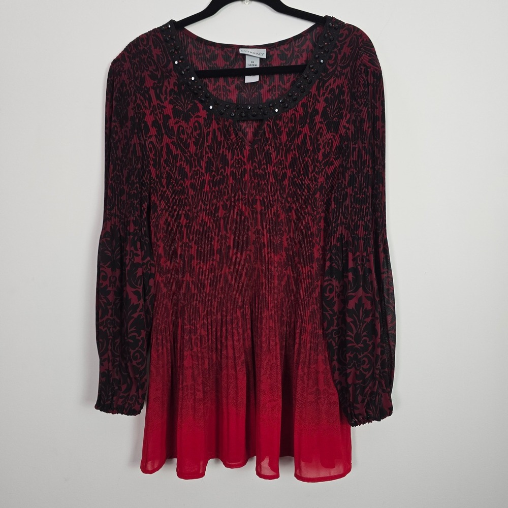 Catherines Red Black Damask Beaded Pleated Blouse Womens 0X Holiday Victorian
